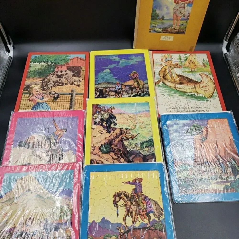 Vintage Jigsaw Picture Puzzle LOT of 8 Childrens 1940s Southwestern Nostalgia
